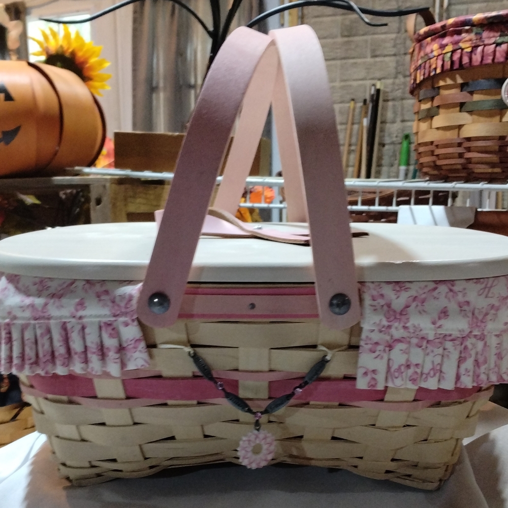 Longaberger Pink and Cream Basket with Floral Accents